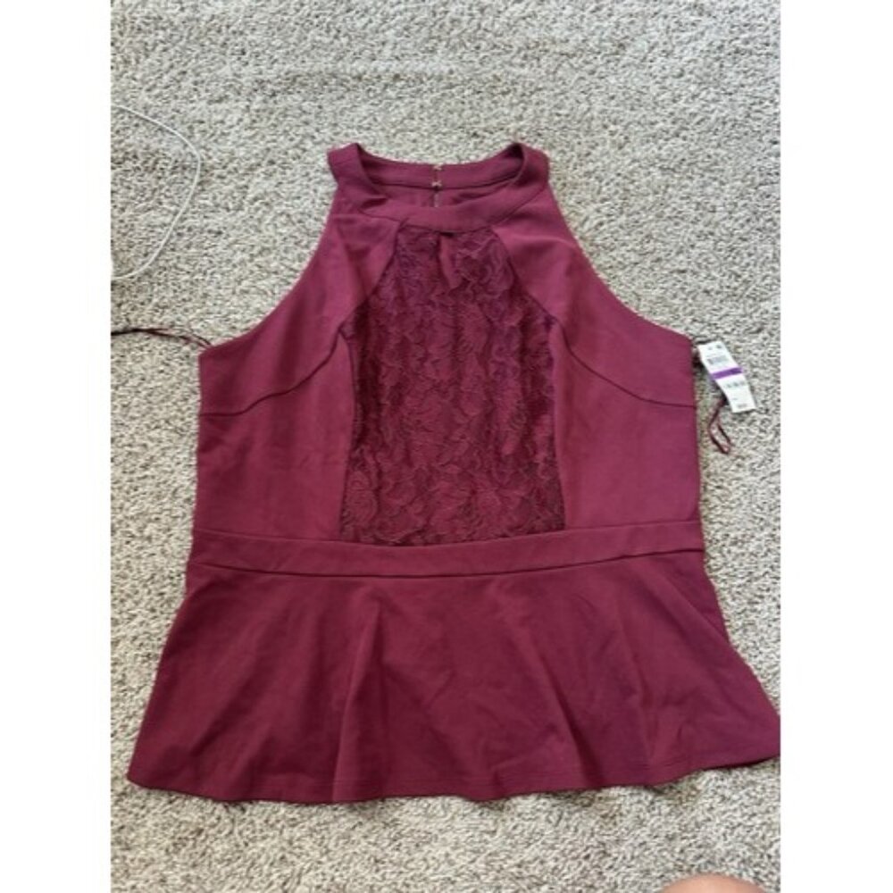 Thaila Sodi Womens Sleeveless Burgundy Peplum Lace Detail Top Size XXL Casual